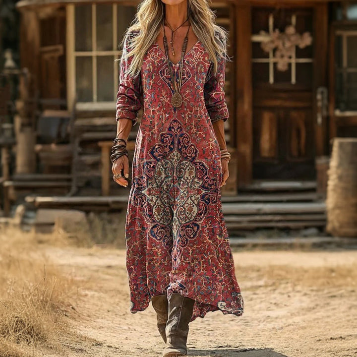 Elspeth | Red Patterned Long Sleeve Dress