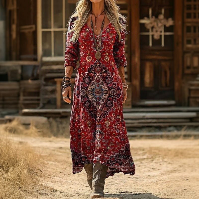 Rosalie | Red Print Long Sleeve Dress