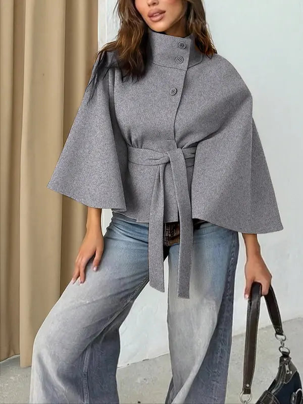 Thelma | Women’s Front Buckle Belted Wool Cape Coat for Fall & Winter
