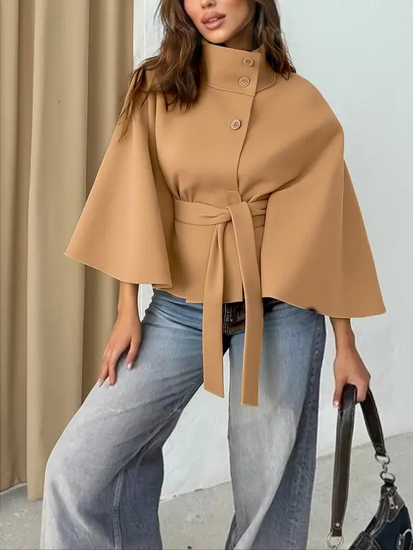 Thelma | Women’s Front Buckle Belted Wool Cape Coat for Fall & Winter