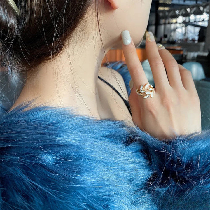 Betty | Adjustable Gold Ring with White Opal Leaf