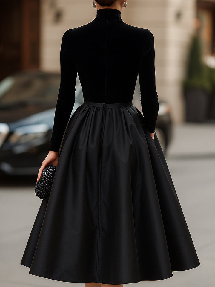 Humbie | Elegant Black Velvet And Satin Midi Dress