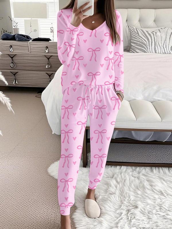 Hallie™ | Bow Print V-Neck Long Sleeve Top & Tie Waist Pants Set