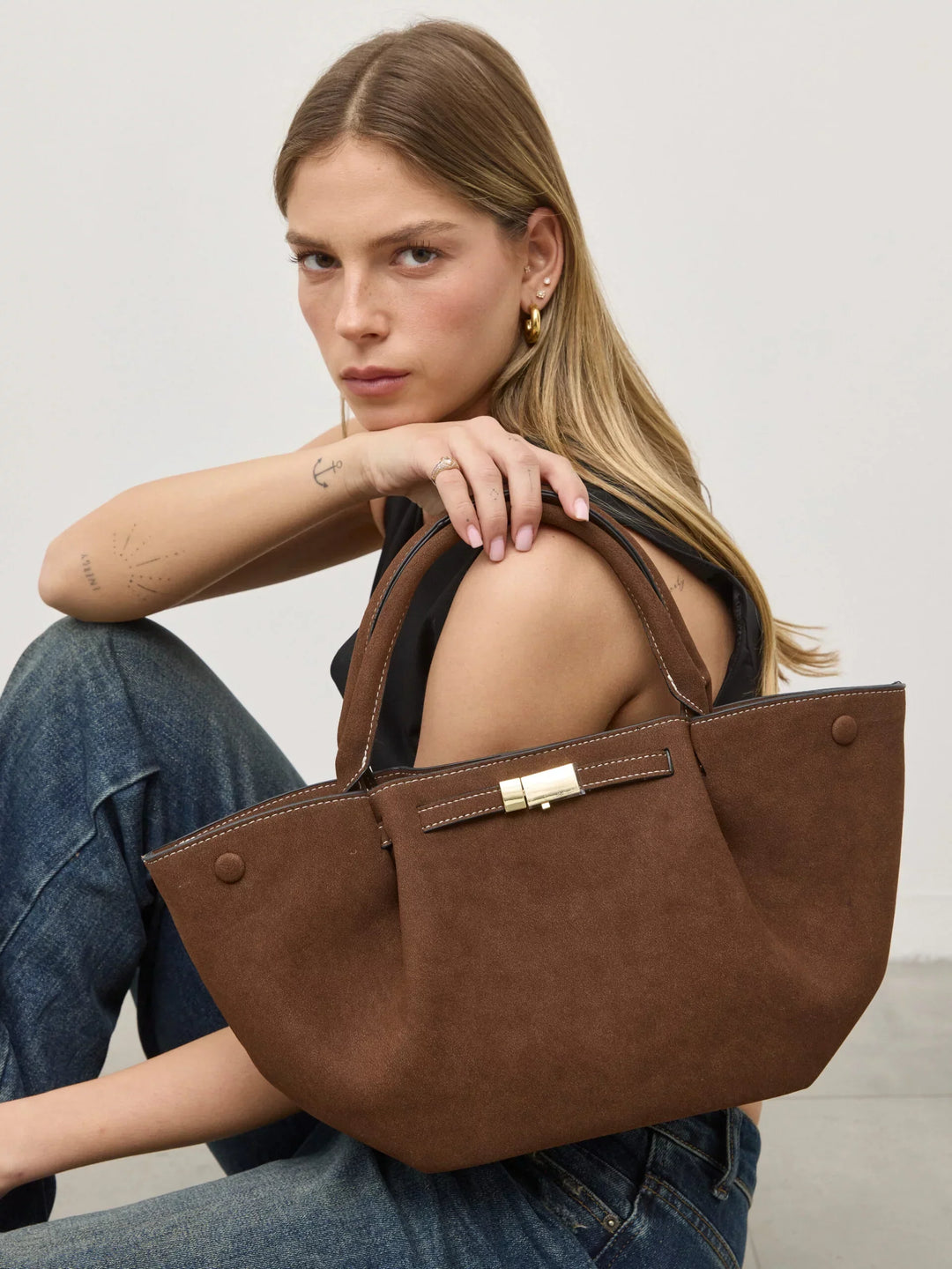 Melany | Structured Tote Bag made of brown suede with gold-colored closure, carrying handle & shoulder strap