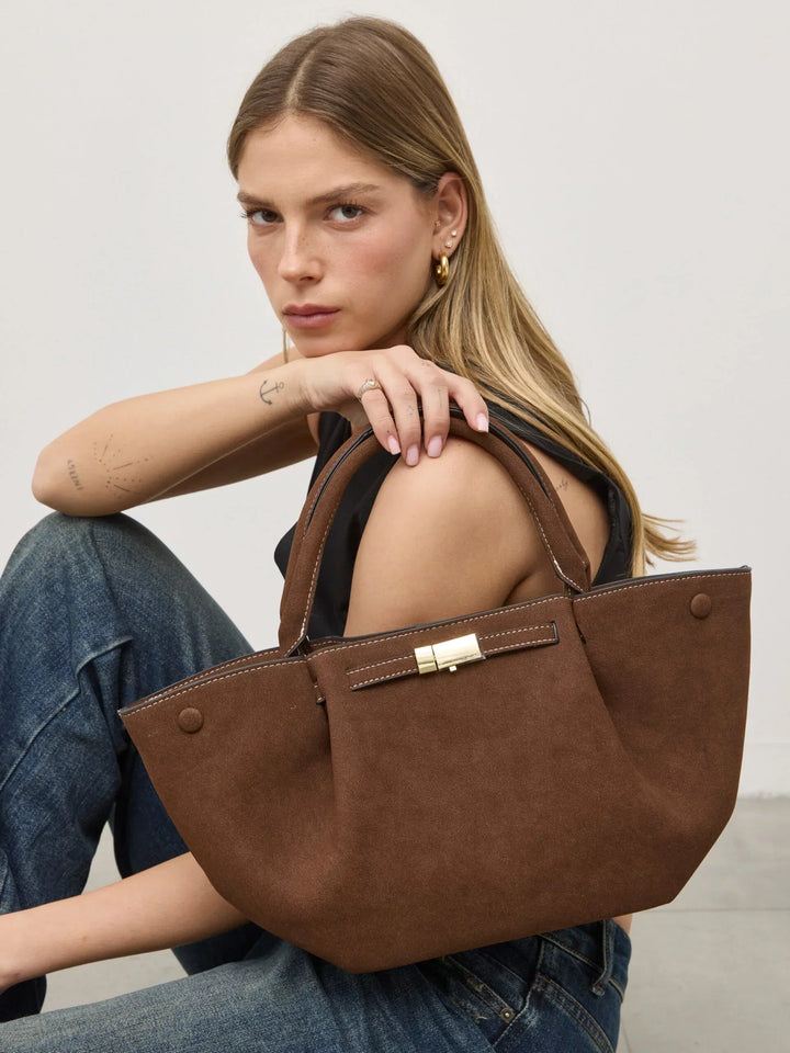 Melany | Structured Tote Bag made of brown suede with gold-colored closure, carrying handle & shoulder strap
