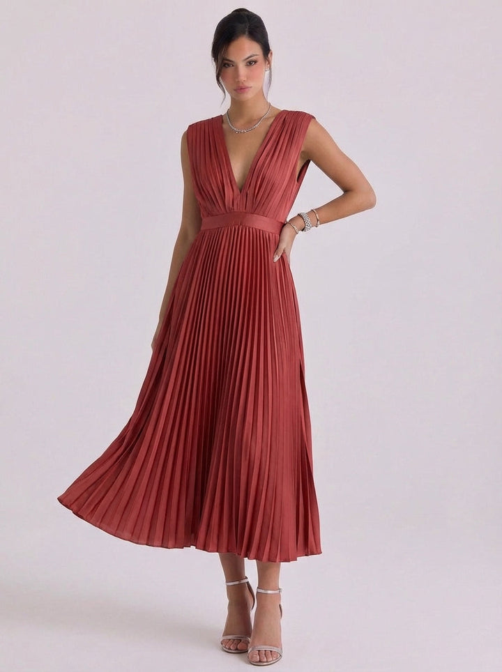 Niamh | Chiffon Pleated V-Neck Midi Dress