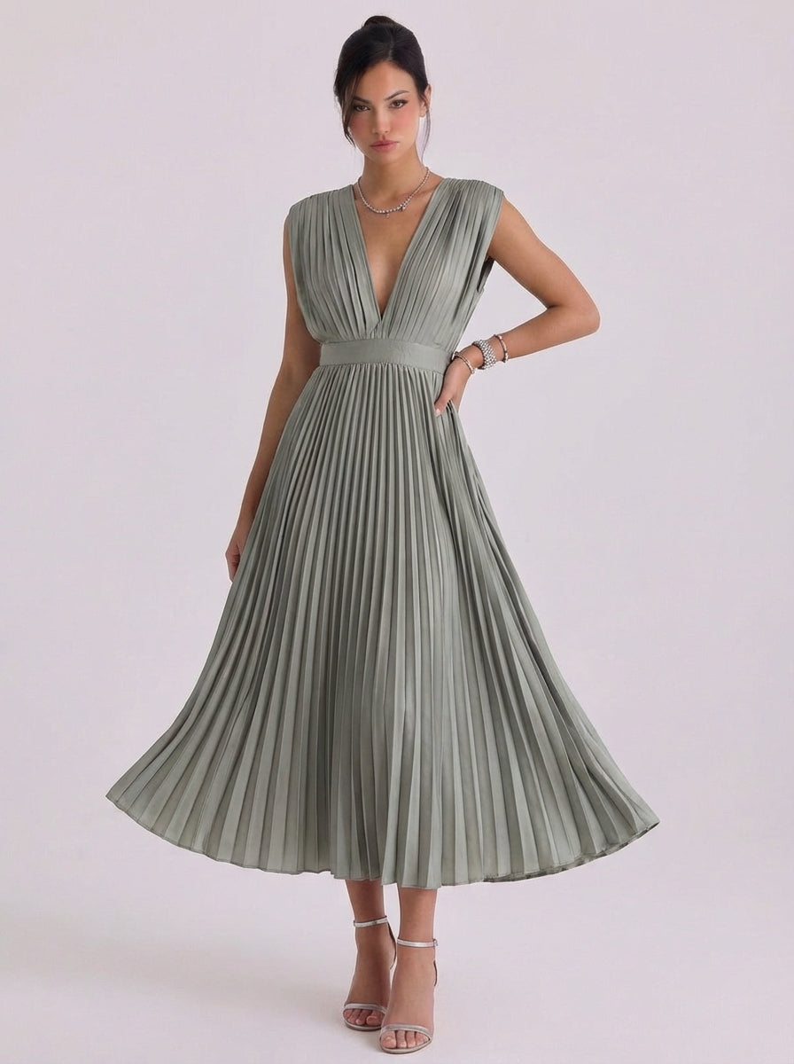 Niamh | Chiffon Pleated V-Neck Midi Dress