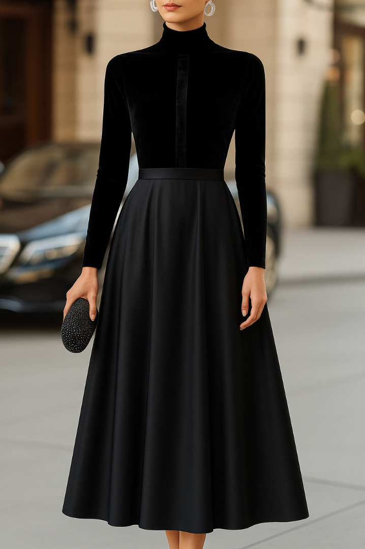 Humbie | Elegant Black Velvet And Satin Midi Dress