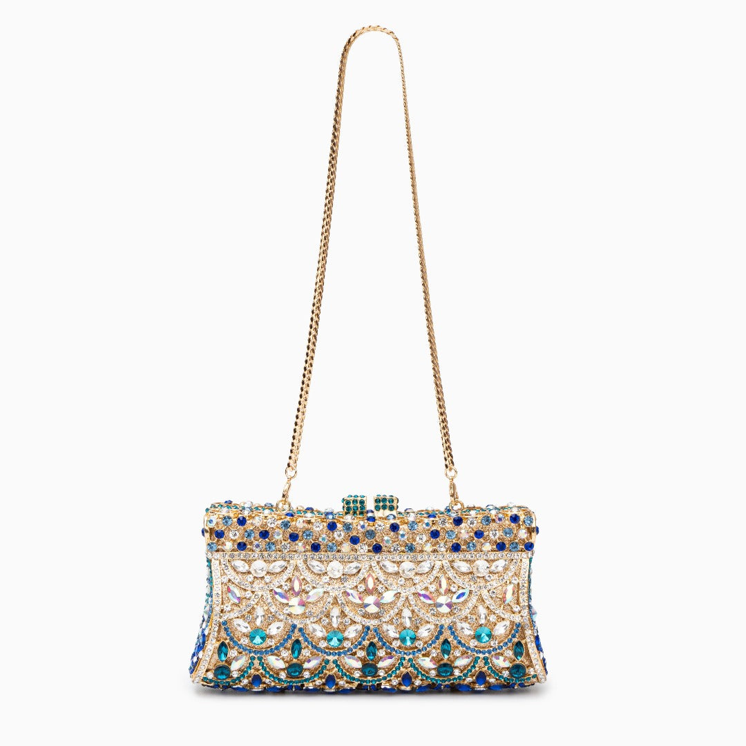 Aubrielle | Crystal-Embellished Clutch in Gold-Blue with Sparkling Rhinestones & Ornamental Pattern – Evening Bag for Women