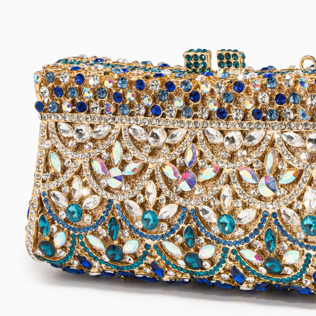Aubrielle | Crystal-Embellished Clutch in Gold-Blue with Sparkling Rhinestones & Ornamental Pattern – Evening Bag for Women