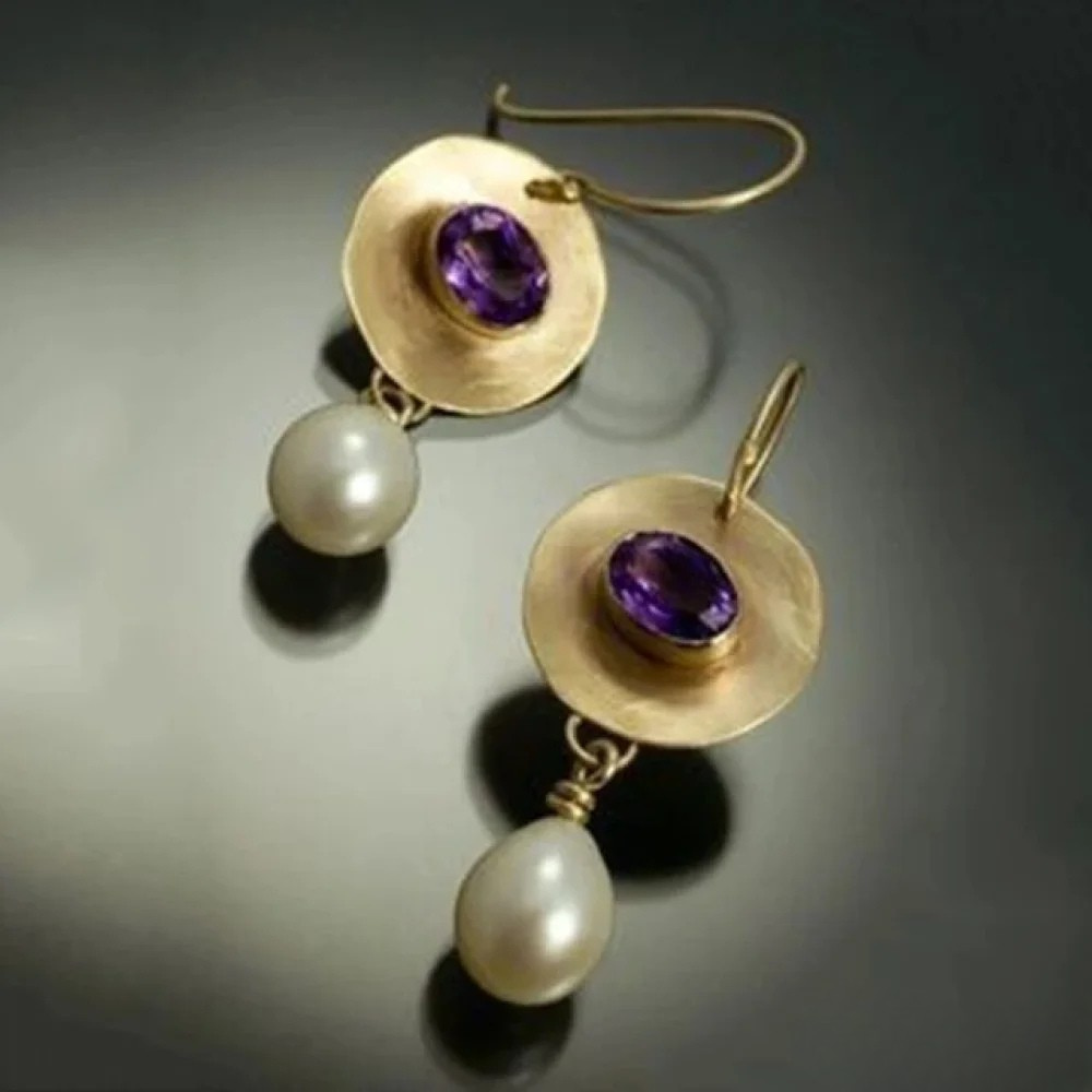 Fiona | Vintage Gold Earrings with Purple Zirconia and Pearls