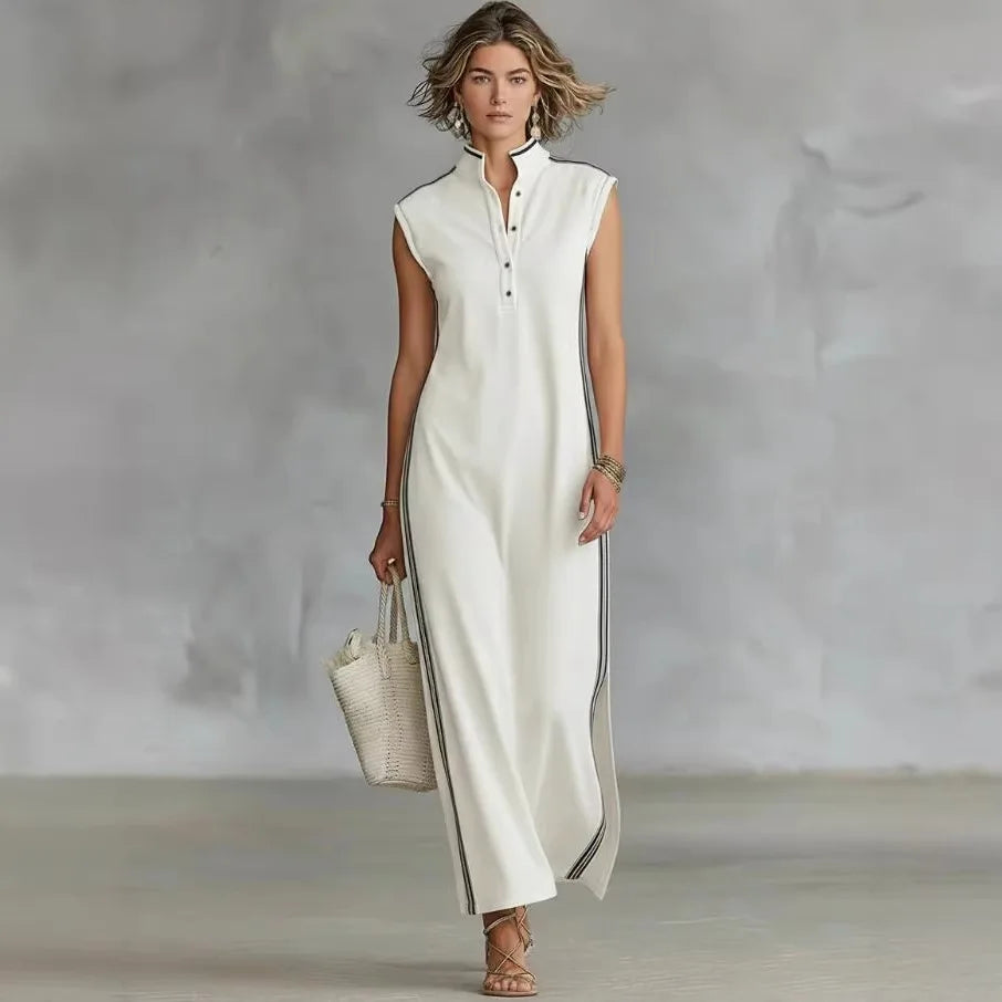 Nadine | Contrast Trim Stand-Collar Maxi Dress