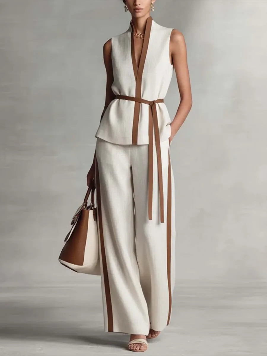 Aurora | V-Neck Belted Wide-Leg Two-Piece Set