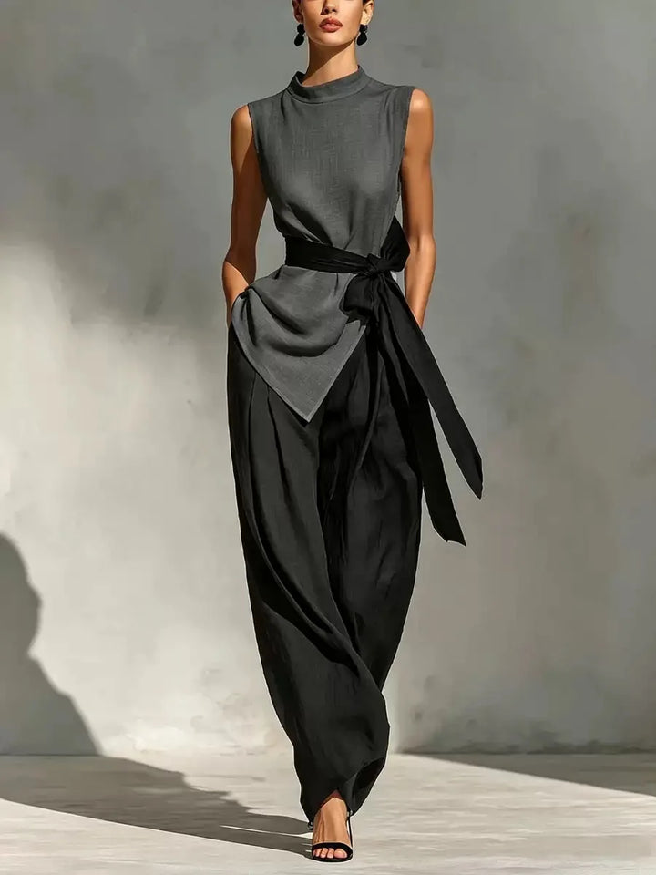Sofia | Asymmetric Top & Contrast Belt Wide-Leg Set