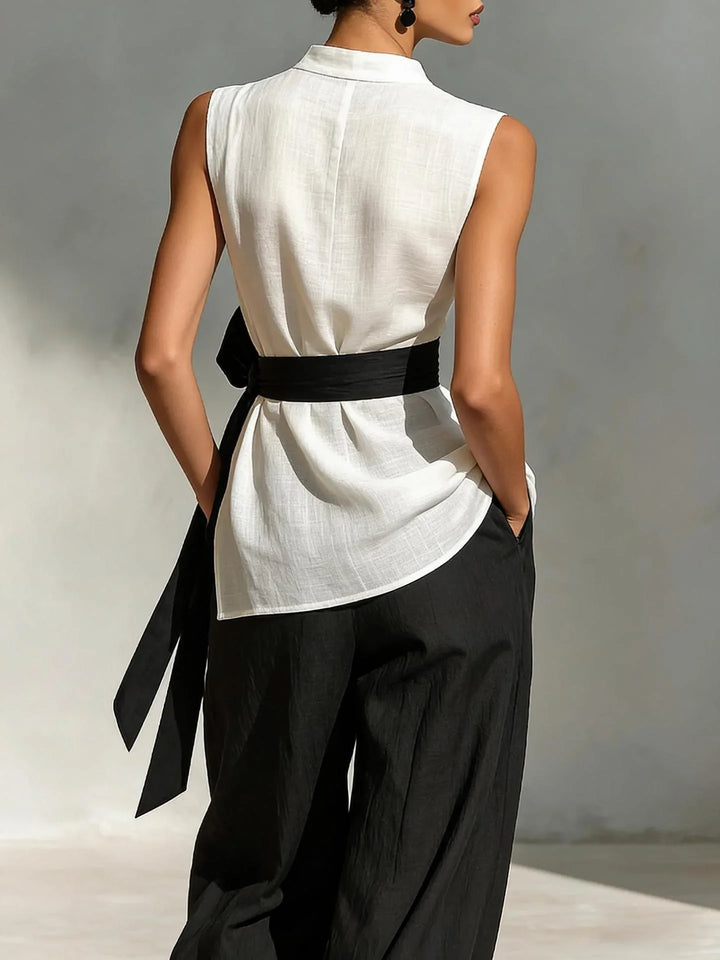 Sofia | Asymmetric Top & Contrast Belt Wide-Leg Set