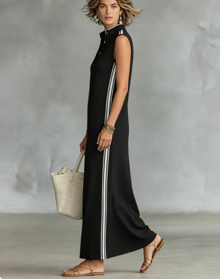 Nadine | Contrast Trim Stand-Collar Maxi Dress