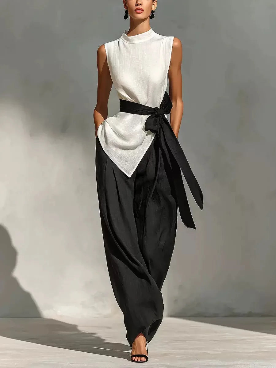 Sofia | Asymmetric Top & Contrast Belt Wide-Leg Set