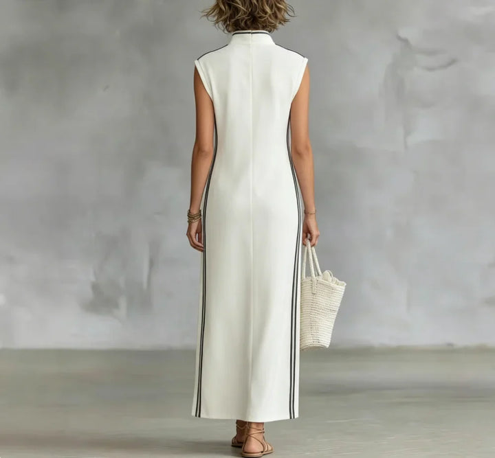 Nadine | Contrast Trim Stand-Collar Maxi Dress