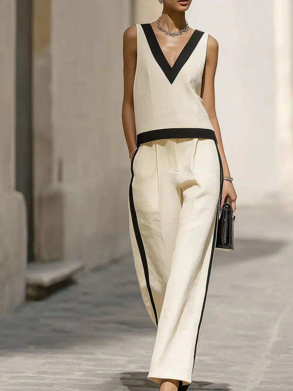 Elara | Cream & Black V-Neck Two-Piece Set