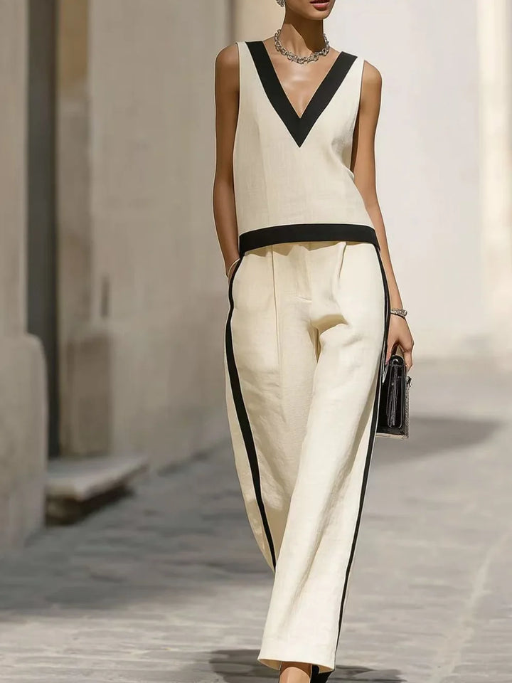 Elara | Cream & Black V-Neck Two-Piece Set