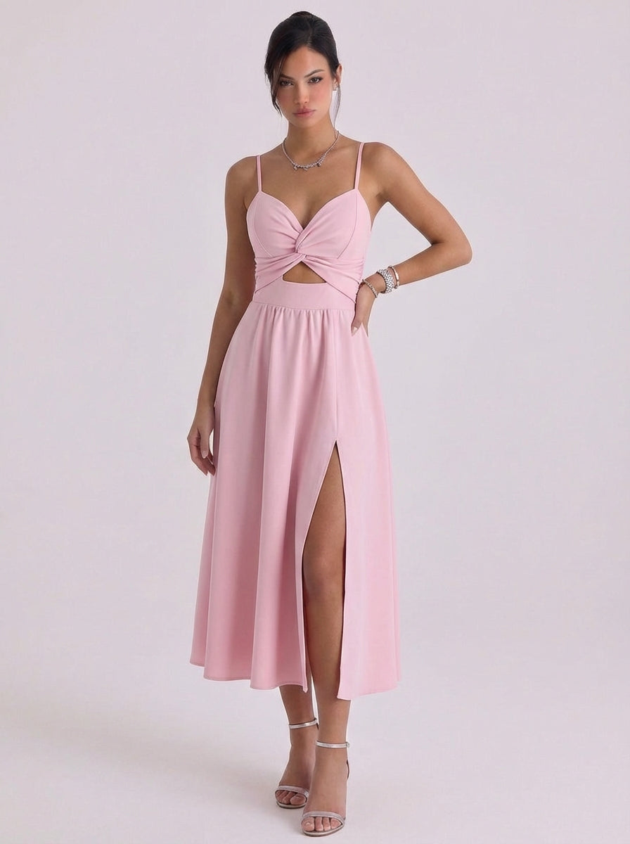Blathnaid | Linen Twist Front Cutout Maxi Dress With High-Slit