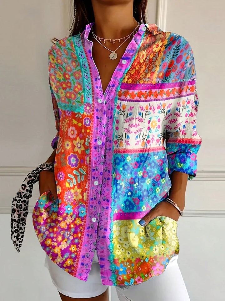Clara | Floral Button-Down V-Neck Blouse