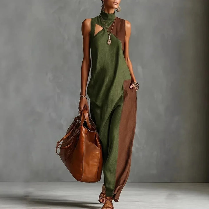 Violette | Retro Color Block Stand-Neck Maxi Dress