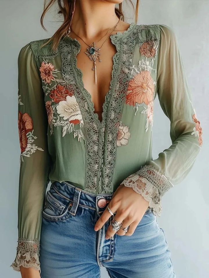Isla | Lace Embroidered V-Neck Blouse