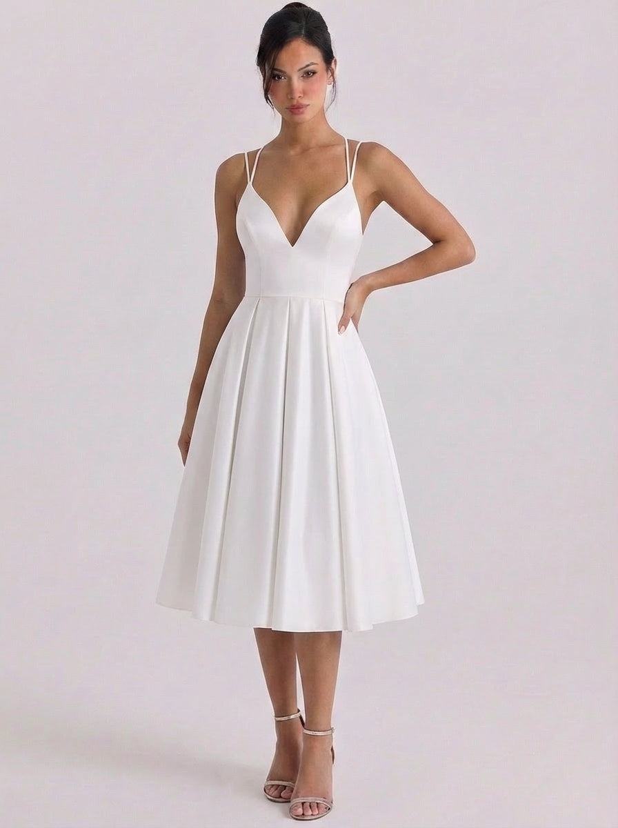 Raonaid | Satin Sweetheart Neckline Fit And Flare Dress Pleated Skirt Double Strap