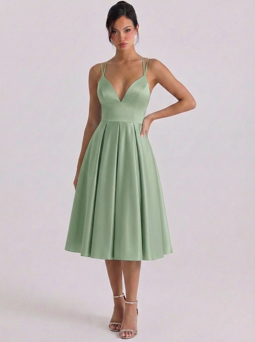 Raonaid | Satin Sweetheart Neckline Fit And Flare Dress Pleated Skirt Double Strap