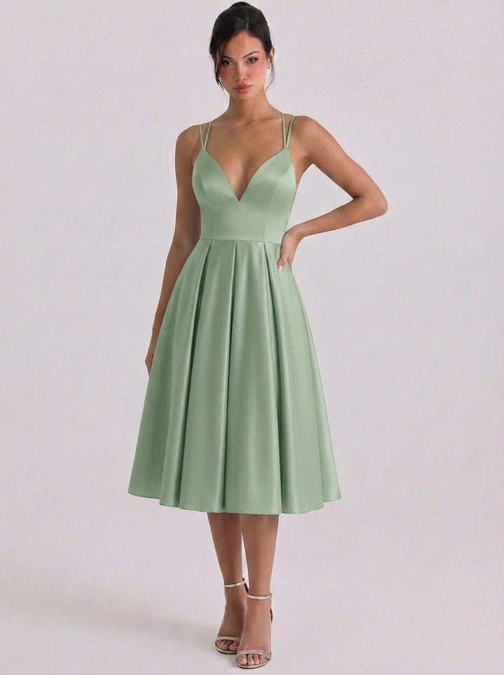 Raonaid | Satin Sweetheart Neckline Fit And Flare Dress Pleated Skirt Double Strap