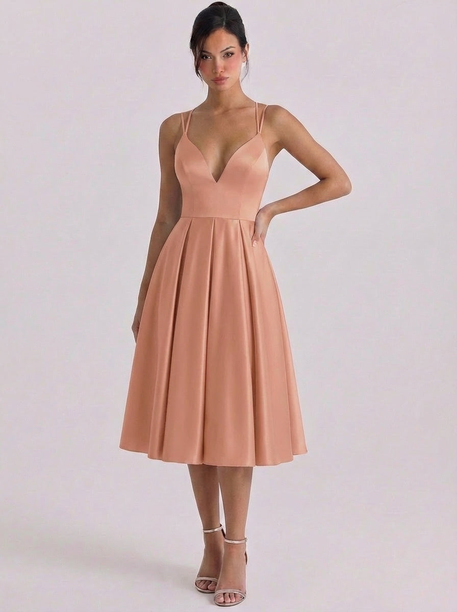 Raonaid | Satin Sweetheart Neckline Fit And Flare Dress Pleated Skirt Double Strap