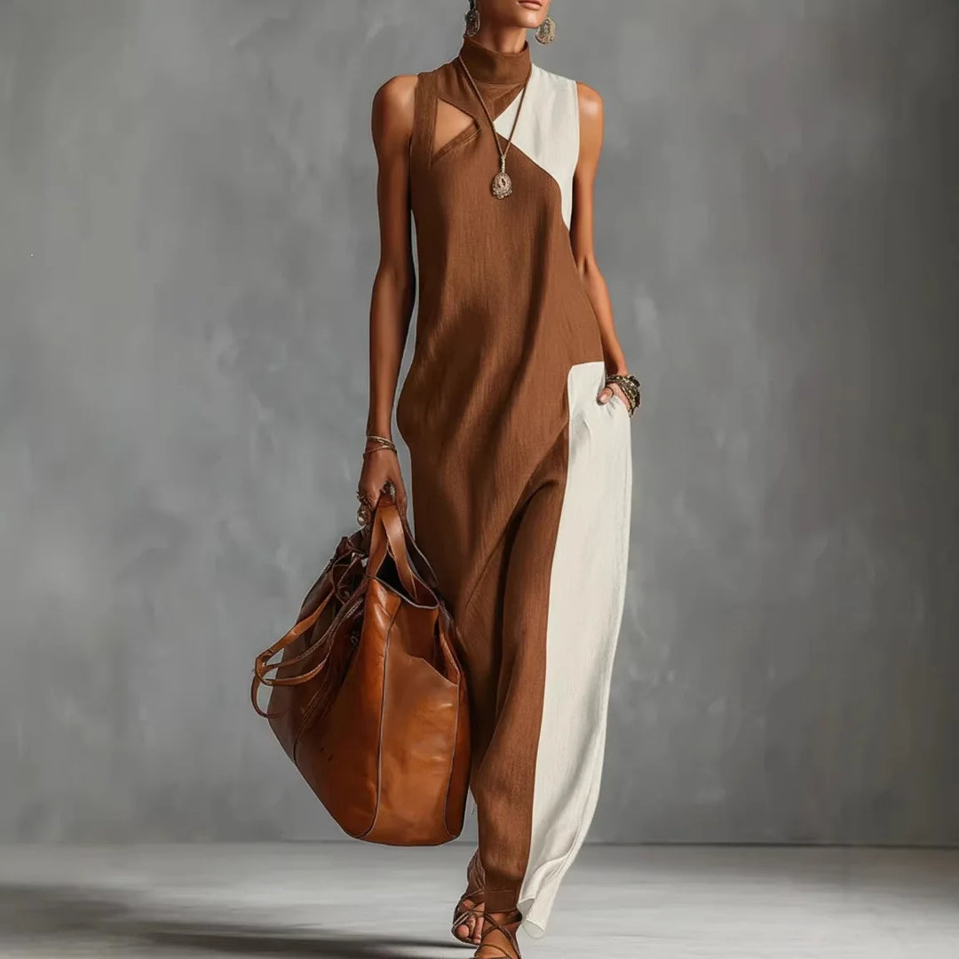 Violette | Retro Color Block Stand-Neck Maxi Dress