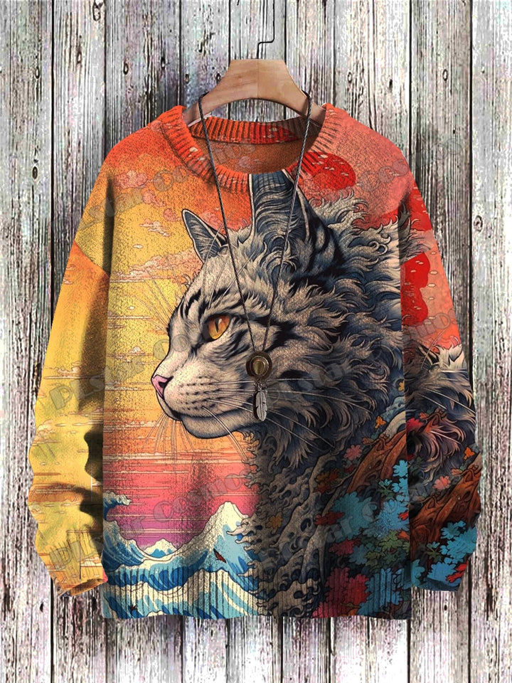 Sunset | Retro Cat Sunset Print Pullover