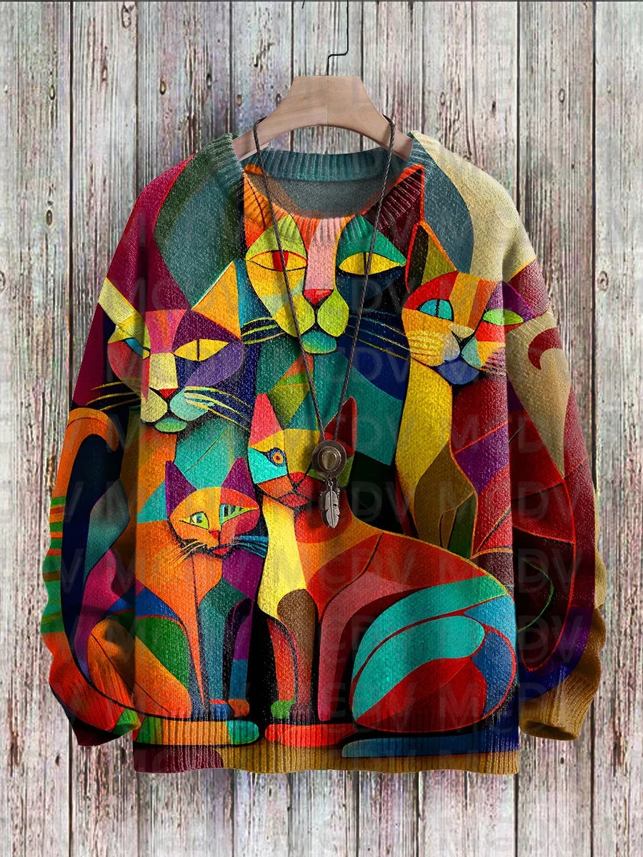 Frida | Artistic Cat Print Knit Pullover