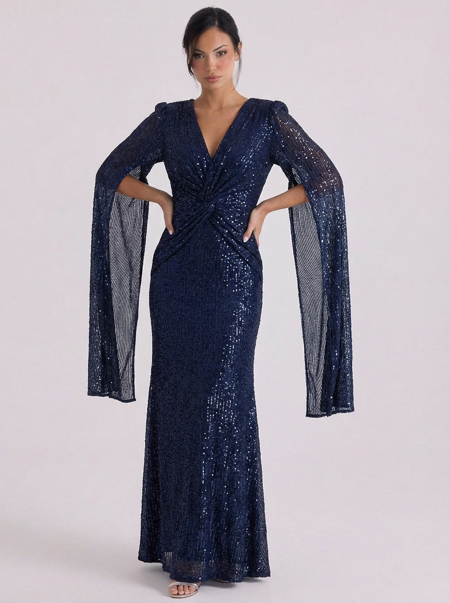 Orla | Sequin Twist Front Maxi Gown Bell Sleeve