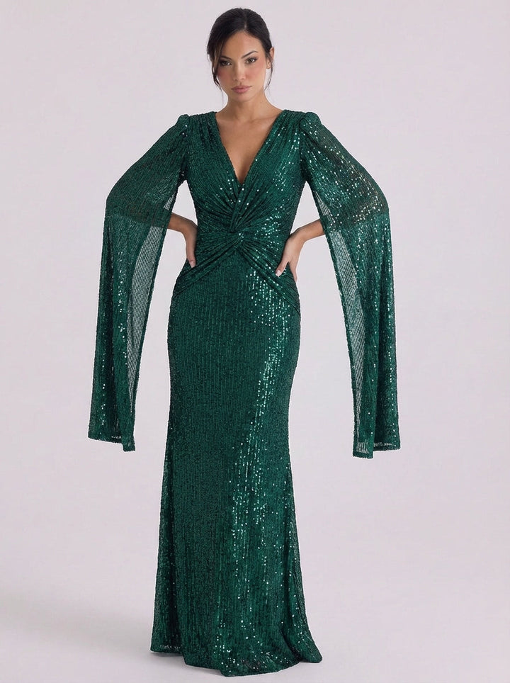 Orla | Sequin Twist Front Maxi Gown Bell Sleeve