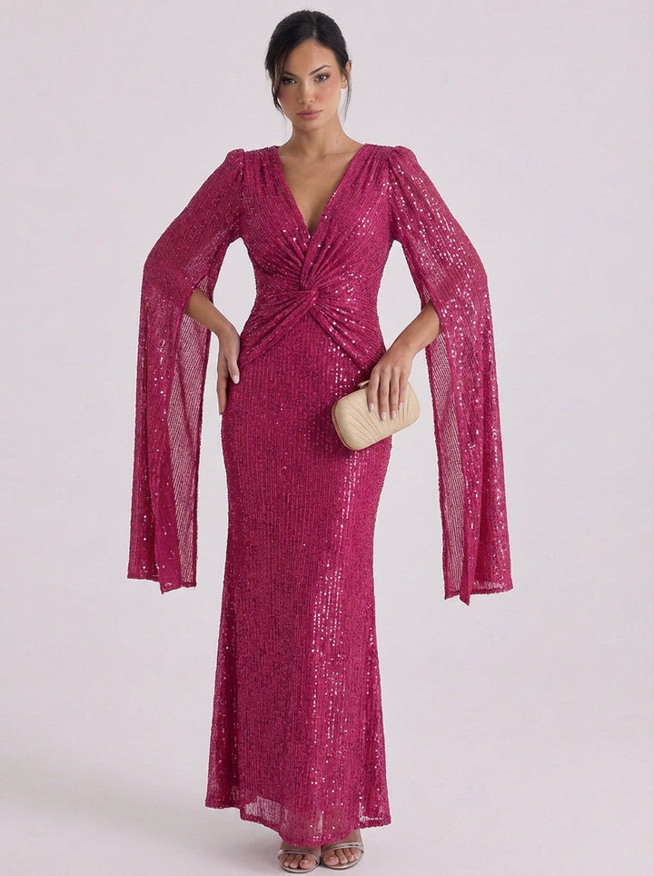 Orla | Sequin Twist Front Maxi Gown Bell Sleeve