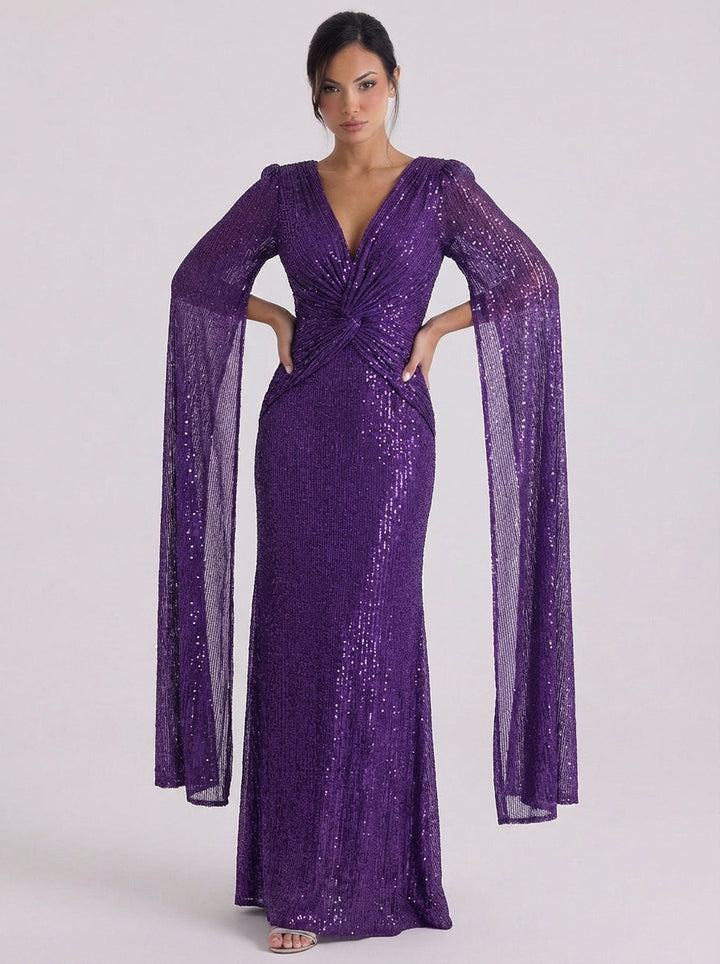 Orla | Sequin Twist Front Maxi Gown Bell Sleeve
