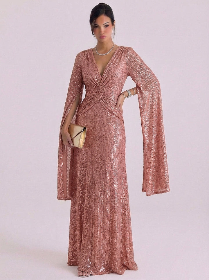 Orla | Sequin Twist Front Maxi Gown Bell Sleeve