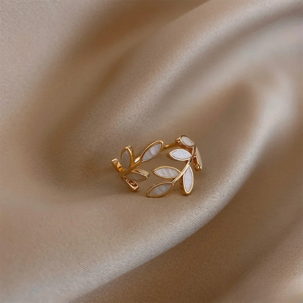 Betty | Adjustable Gold Ring with White Opal Leaf