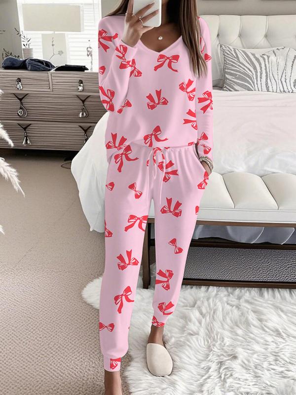 Hallie™ | Bow Print V-Neck Long Sleeve Top & Tie Waist Pants Set