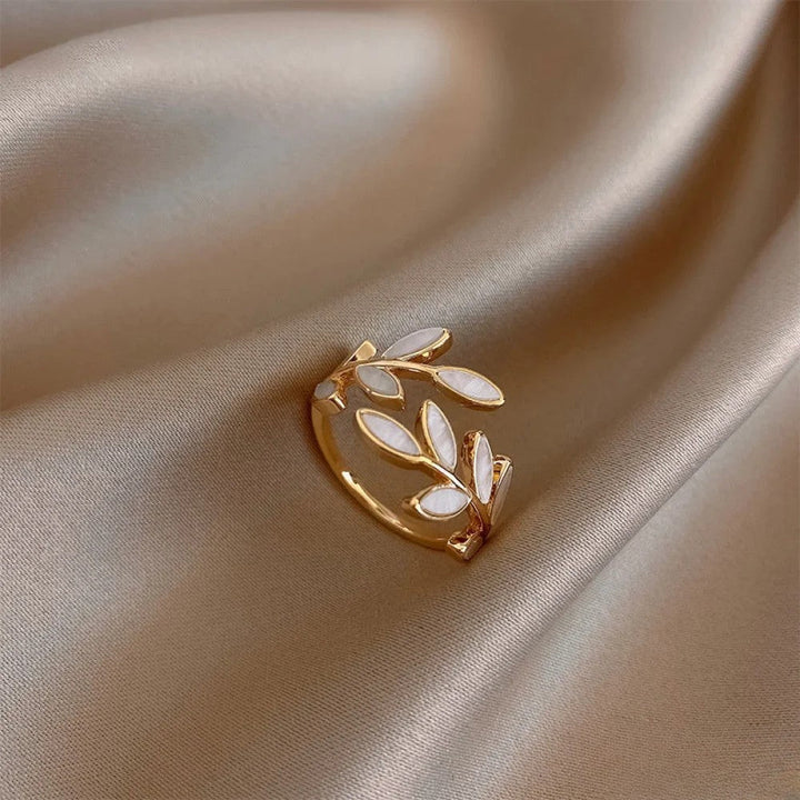 Betty | Adjustable Gold Ring with White Opal Leaf