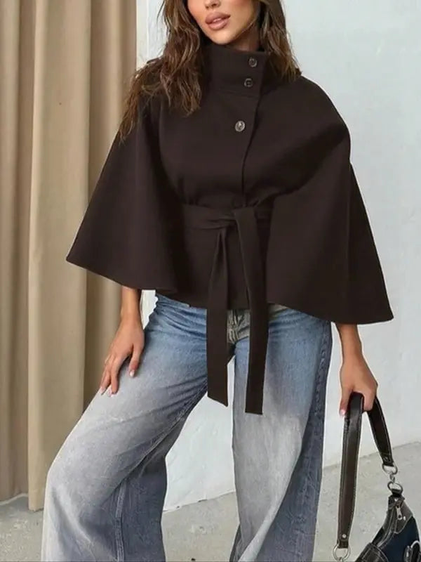 Thelma | Women’s Front Buckle Belted Wool Cape Coat for Fall & Winter