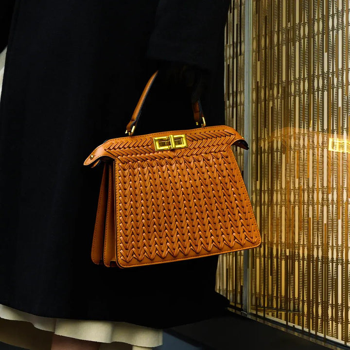 Estelle | Elegant Woven Handbag with Twist Lock & Gold Details