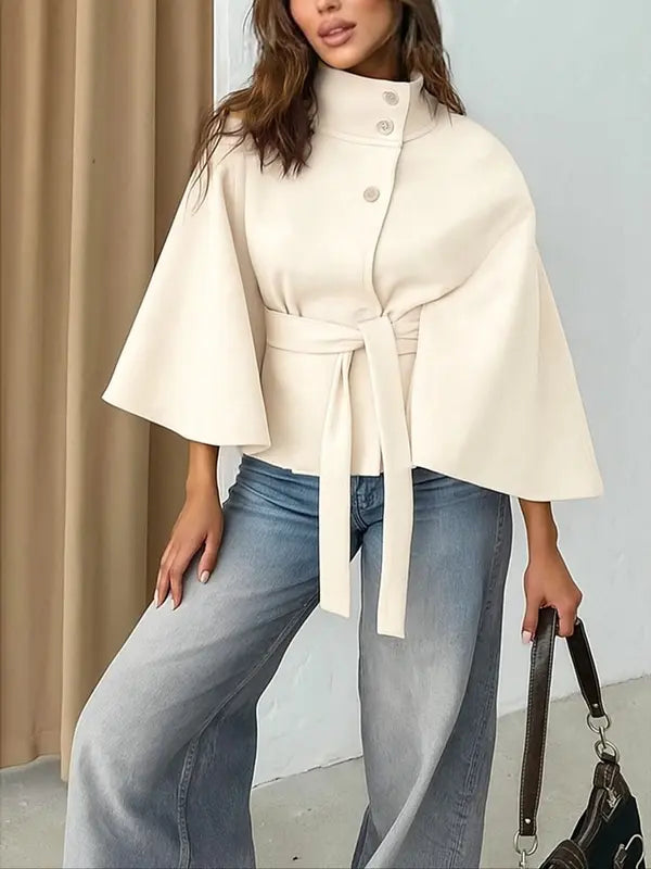 Thelma | Women’s Front Buckle Belted Wool Cape Coat for Fall & Winter