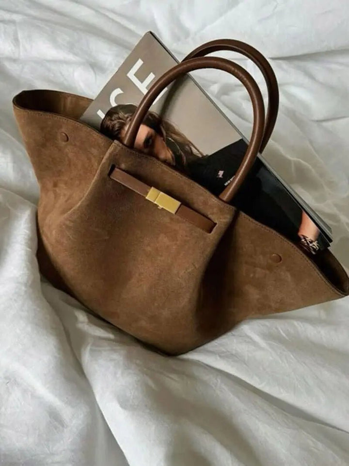 Melany | Structured Tote Bag made of brown suede with gold-colored closure, carrying handle & shoulder strap