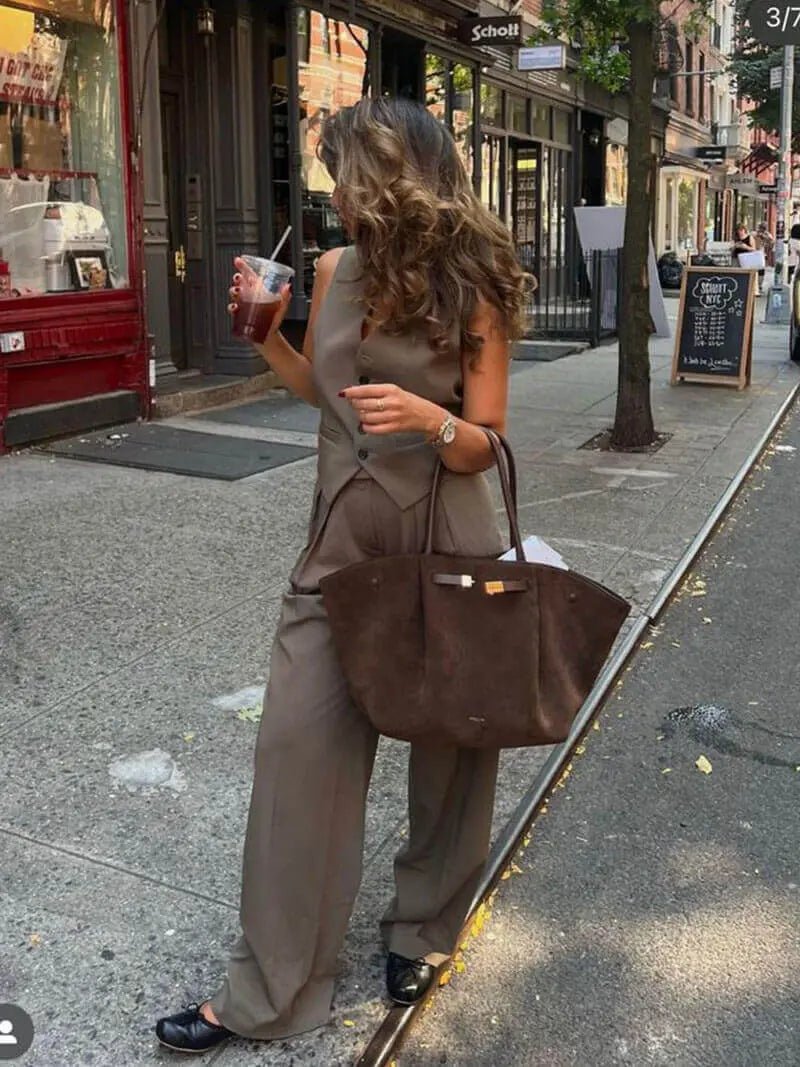 Melany | Structured Tote Bag made of brown suede with gold-colored closure, carrying handle & shoulder strap