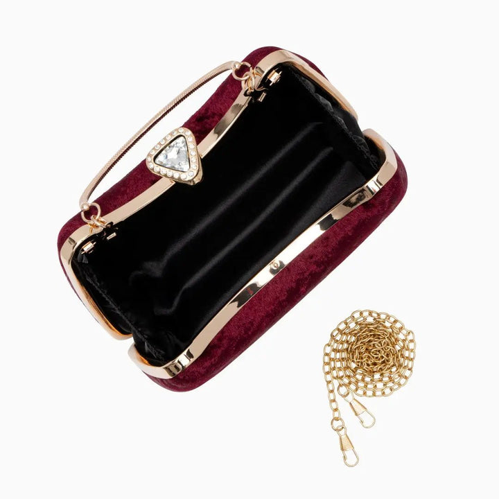Sara | Wine Red Velvet Clutch with Decorative Closure & Metal Handle – Elegant Evening Bag for Women