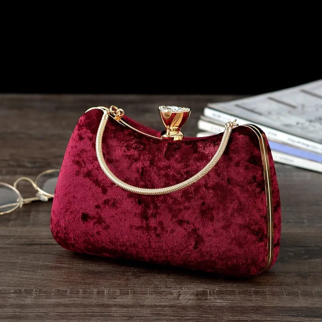 Sara | Wine Red Velvet Clutch with Decorative Closure & Metal Handle – Elegant Evening Bag for Women